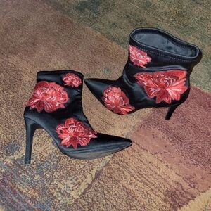 Jessica Simpson Black Heeled Boots with Red Floral Design